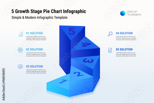 5 Growth Stage Pie Chart Infographic, business modern blue key success factors diagram 3d podium