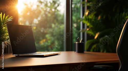 Modern workspace with laptop and sunlight.