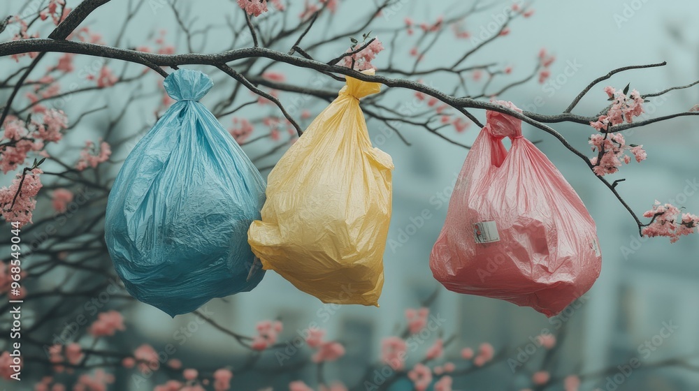 Plastic bags, tangled in branches of a tree, urban street background, cloudy day Plastic bags, tangled in branches of a tree, urban street background, cloudy day