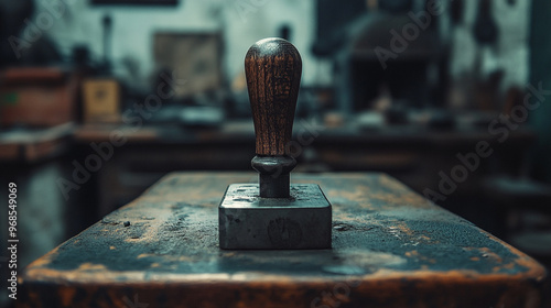 A vintage wooden hand stamp rests on a weathered workbench in an old workshop, showcasing the craftsmanship of a bygone era photo