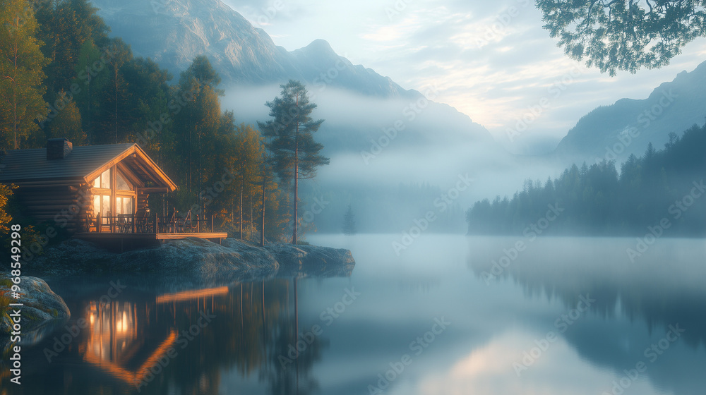 Fototapeta premium A mountain cabin terrace overlooking a calm lake. Mist hovers over the water as the early morning light softly illuminates the scene. Peaceful.