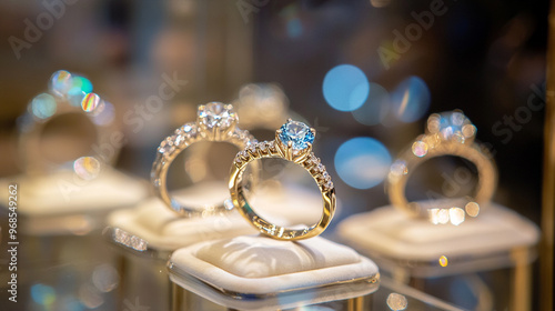 Elegant diamond rings displayed in a jewelry store showcase, highlighting craftsmanship and design