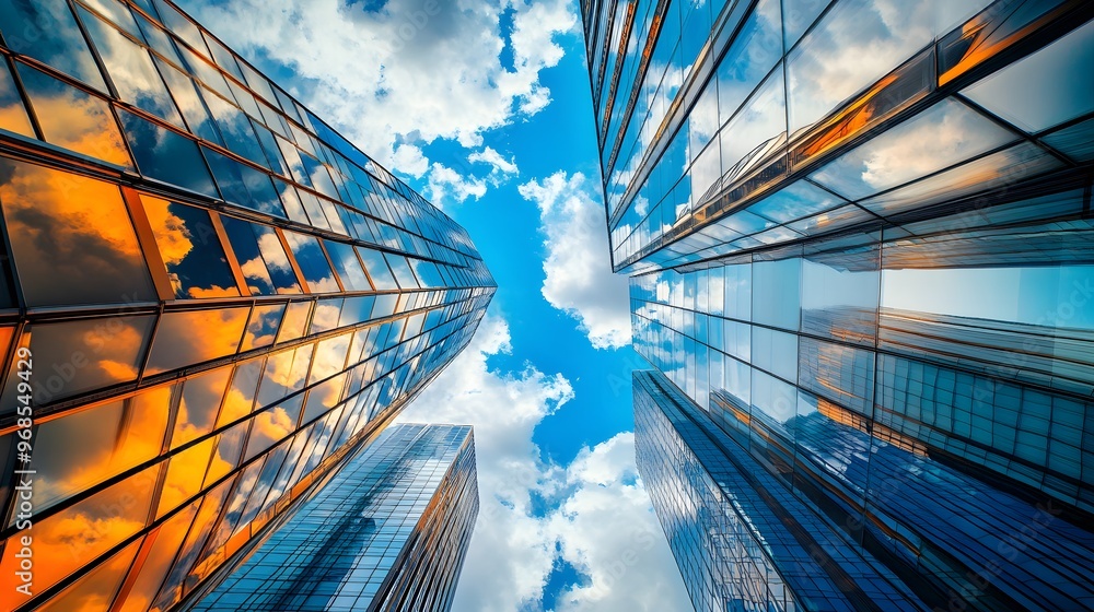 A Low Angle View of Glass Skyscrapers Reflecting Clouds and Sky A Low Angle View of Glass Skyscrapers Reflecting Clouds and Sky