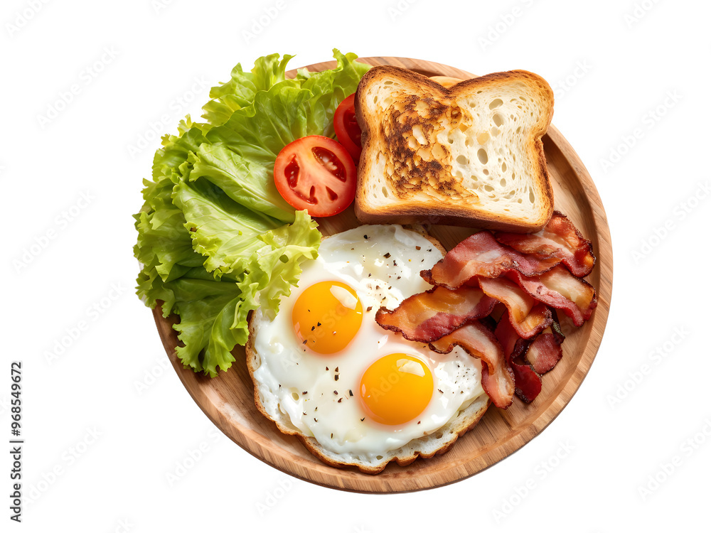 Plate with fried eggs, bacon, toasts and lettuce on transparent background
Plate with fried eggs, bacon, toasts and lettuce on transparent background