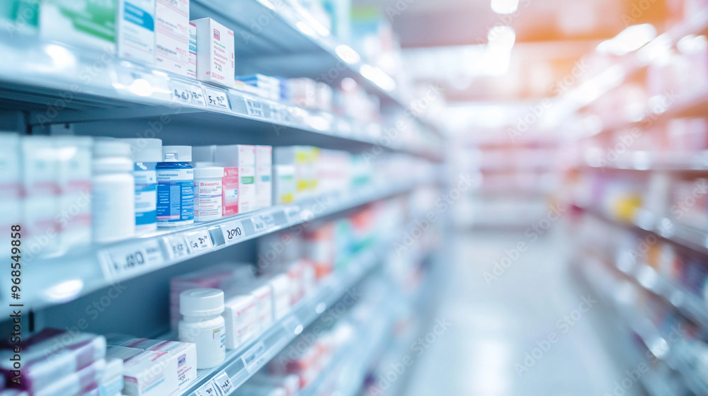 Shelves filled with various medication bottles in a well-organized pharmacy during daylight hours