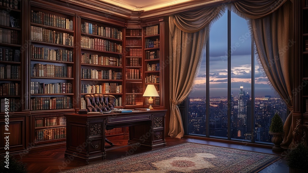 Elevate Your Space with a Luxurious Study Poster: Rich Wooden Bookshelves, Antique Desk, and a Majestic City Skyline at Dusk – Perfect for Home or Office Decor Elevate Your Space with a Luxurious Study Poster: Rich Wooden Bookshelves, Antique Desk, and a Majestic City Skyline at Dusk – Perfect for Home or Office Decor