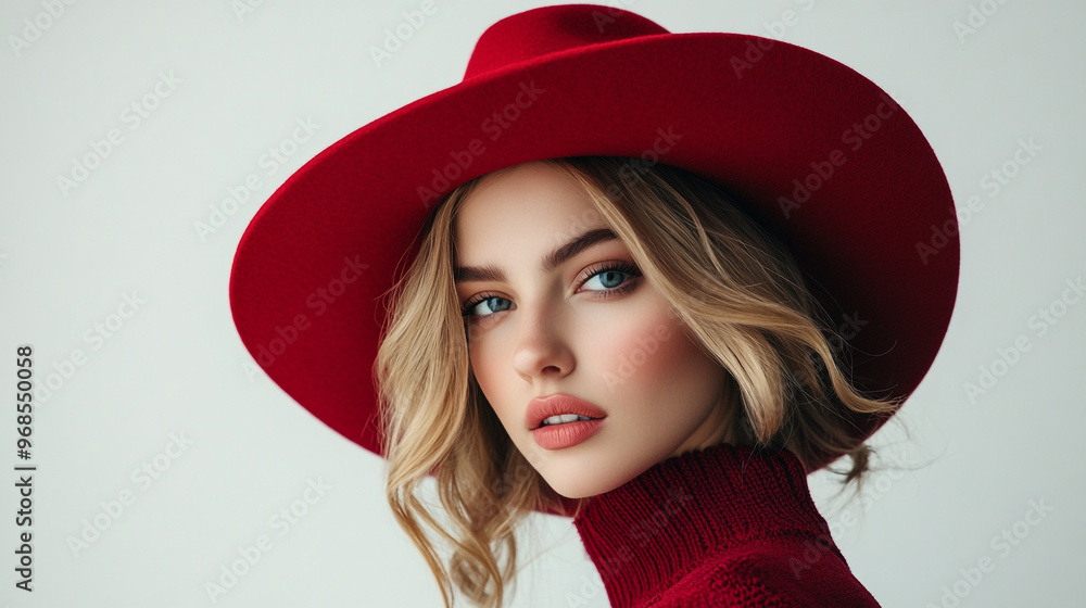 Portrait of a young woman wearing a stylish red hat and sweater, showcasing her beauty with a soft expression in a minimalistic setting Portrait of a young woman wearing a stylish red hat and sweater, showcasing her beauty with a soft expression in a minimalistic setting