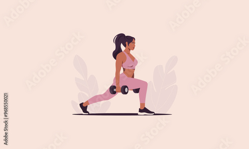 A woman doing lunges with dumbbells during a strength workout.