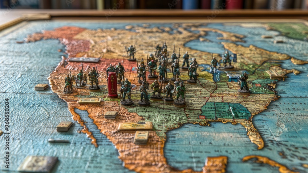 Risk, world map with armies in North America, strategy cards visible, dim strategic light Risk, world map with armies in North America, strategy cards visible, dim strategic light