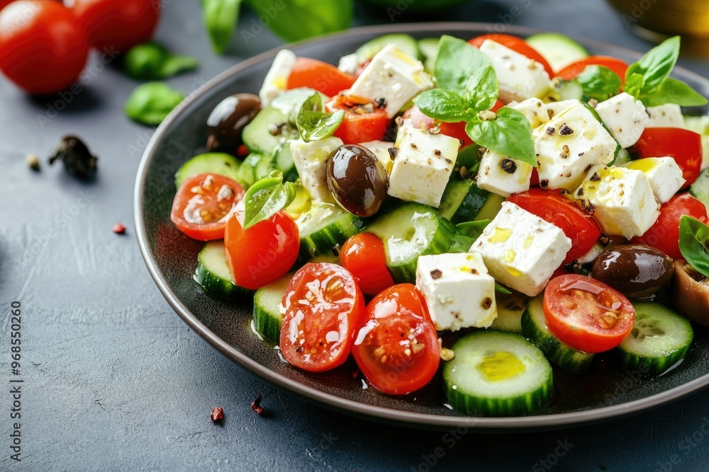 A fresh salad with tomatoes, cucumbers, olives, and feta cheese, garnished with basil. A fresh salad with tomatoes, cucumbers, olives, and feta cheese, garnished with basil.