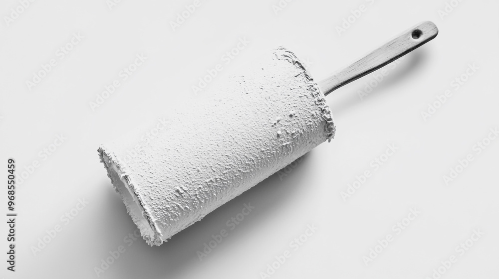 Obraz premium A paint roller covered in white paint rests on a clean surface, showcasing the tools of a home renovation project in bright lighting