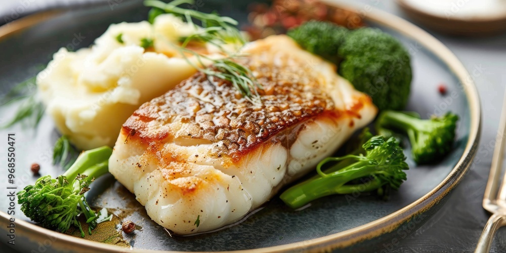 Close up of modern style traditional fried skrei cod fish filet served with mashed potatoes and baby broccoli on a ceramic design plate Close up of modern style traditional fried skrei cod fish filet served with mashed potatoes and baby broccoli on a ceramic design plate