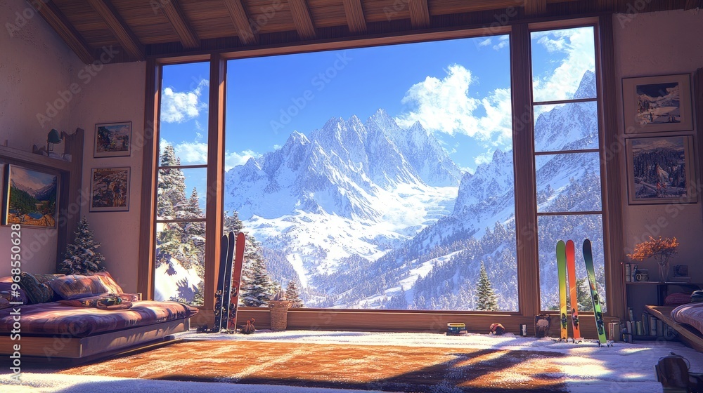 Fototapeta premium Ski lodge, skis and snowboards propped up, snowy mountain in the background, winter light