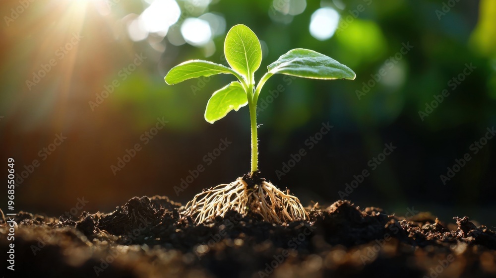 Enchanting Close-up of Young Green Plant Sprouting from Fertile Soil with Fine Roots and Emerging Leaves in Soft Sunlight Enchanting Close-up of Young Green Plant Sprouting from Fertile Soil with Fine Roots and Emerging Leaves in Soft Sunlight