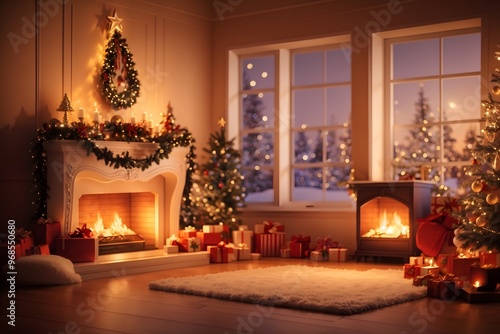 Beautiful decorated living room with a christmas tree and a fire place
 photo