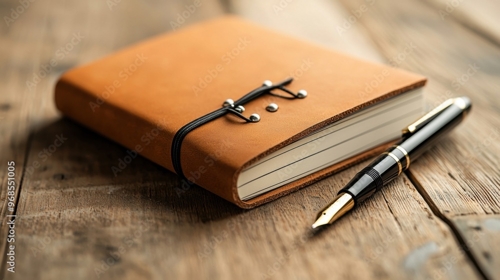 A blank, unmarked page of a leather-bound journal with an elegant rollerball pen resting beside it. A blank, unmarked page of a leather-bound journal with an elegant rollerball pen resting beside it.