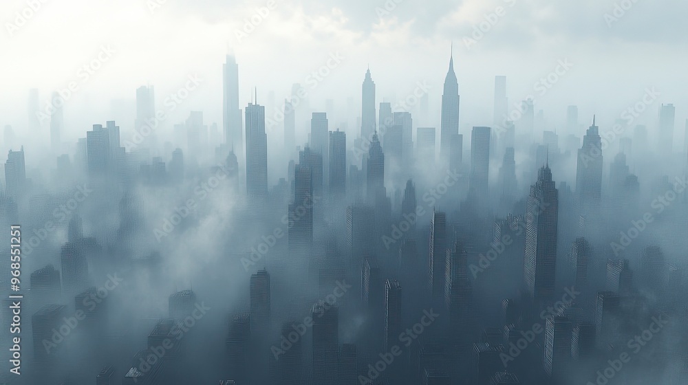 Fototapeta premium Smog-filled city skyline, grey and hazy, tall skyscrapers barely visible, dull overcast lighting