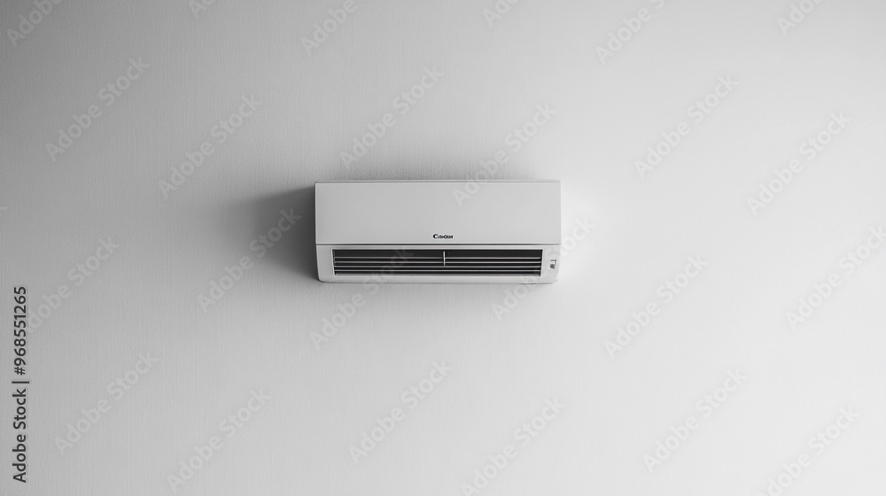 A modern air conditioning unit mounted on a plain white wall in a spacious room, providing essential comfort during warm weather A modern air conditioning unit mounted on a plain white wall in a spacious room, providing essential comfort during warm weather