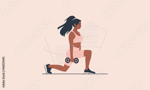 A woman doing lunges with dumbbells during a strength workout.