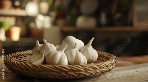 garlic on a rattan plate with kitchen background photo