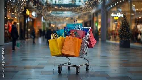 Woman pushes full shopping cart in crowded supermarket on Christmas Eve