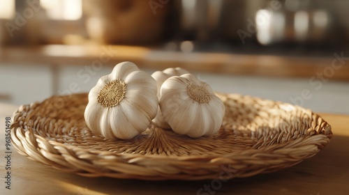 garlic on a rattan plate with kitchen background photo