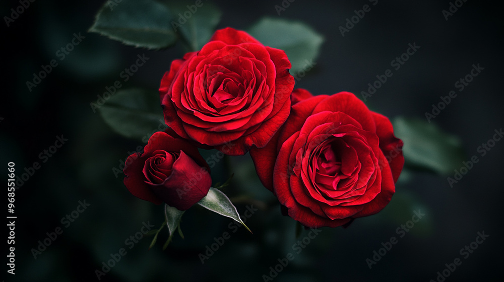The vibrant beauty of three red roses amidst dark foliage in a serene garden setting during the afternoon sunlight The vibrant beauty of three red roses amidst dark foliage in a serene garden setting during the afternoon sunlight
