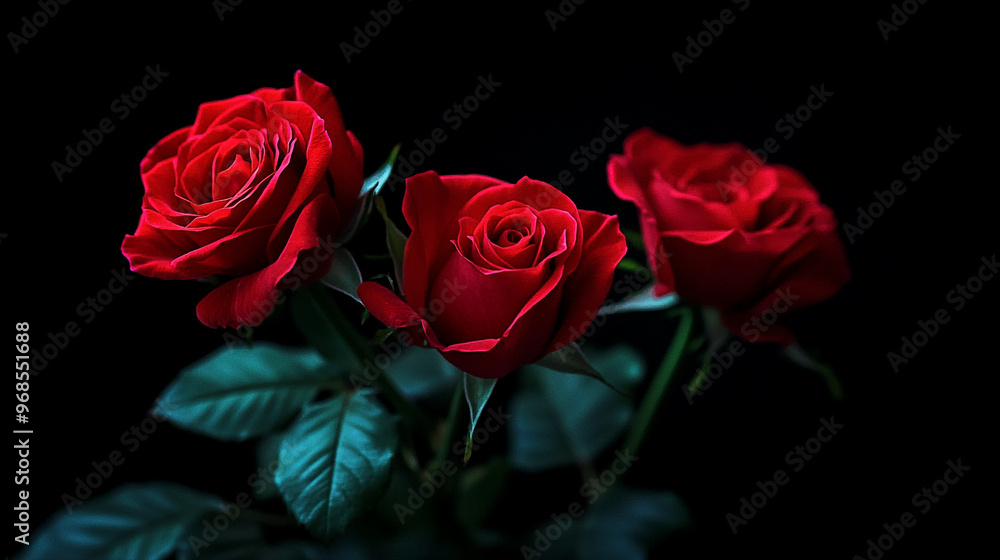Three red roses beautifully arranged against a dark background highlighting their petals and leaves in a striking display of nature's beauty Three red roses beautifully arranged against a dark background highlighting their petals and leaves in a striking display of nature's beauty