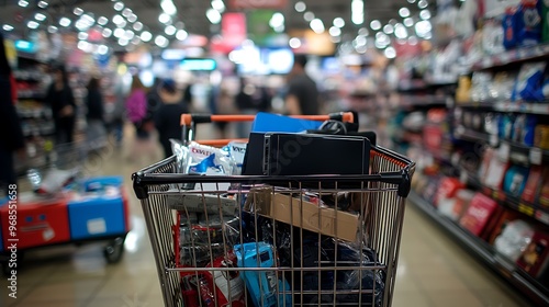 A close-up of a shopping cart filled with a mix of electronics, clothes, and household items, chaotic scene in the background with shoppers rushing for last-minute deals, sale signs everywhere,  photo