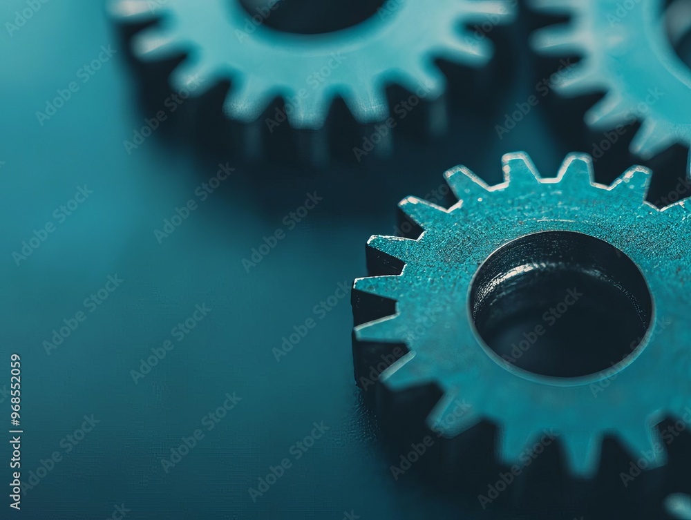 Close-up of metallic gears designed for machinery, showcasing intricate details and a vibrant blue hue against a smooth background. Close-up of metallic gears designed for machinery, showcasing intricate details and a vibrant blue hue against a smooth background.