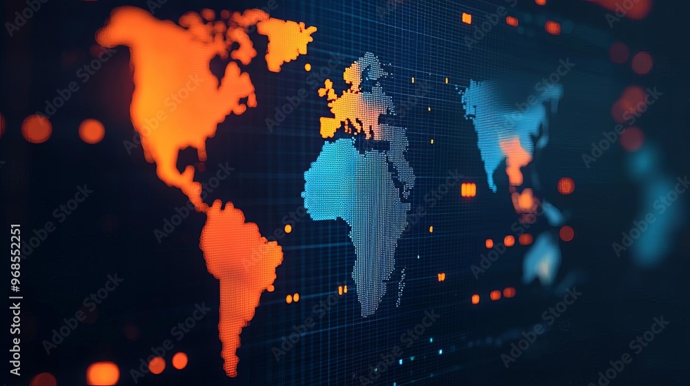 Obraz premium A vivid digital world map showcasing vibrant colors of blue and orange, representing connections and global information networks.