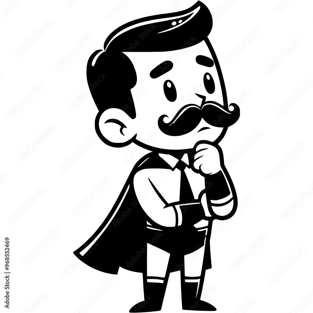 Superhero in cape thought in monochrome. Simple minimalistic vector in black ink drawing on transparent background