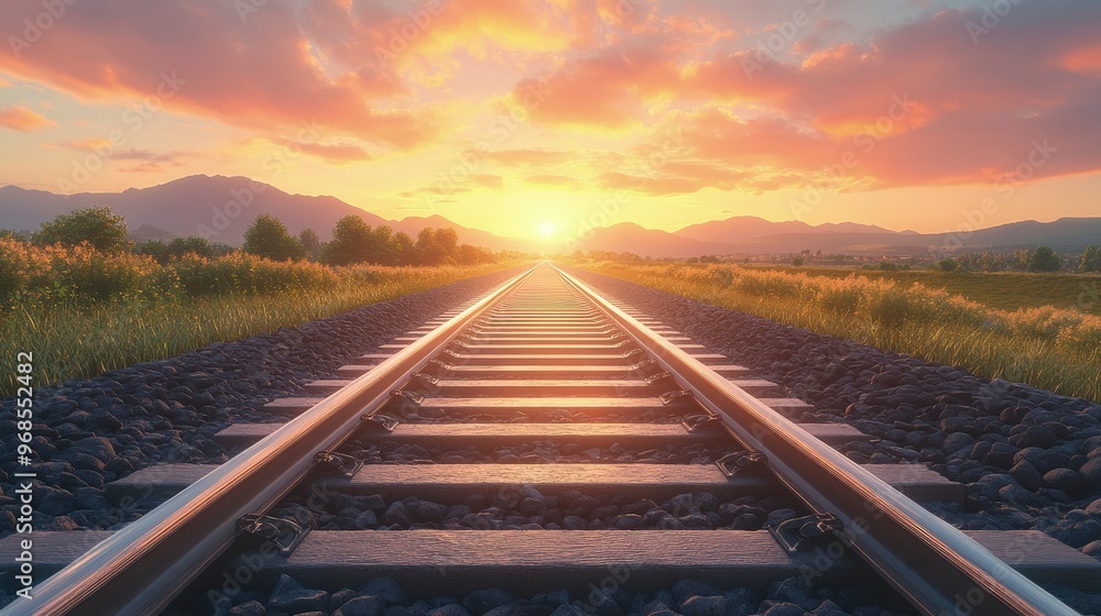 Obraz premium Train tracks, stretching into the distance, mountains in the background, golden hour