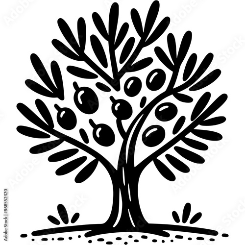Olive tree with berries ready for harvest in monochrome. Simple minimalistic vector in black ink drawing on transparent background