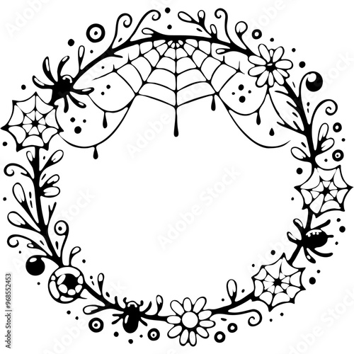 Halloween round wreath woven from spider webs in monochrome. Simple minimalistic vector in black ink drawing on transparent background