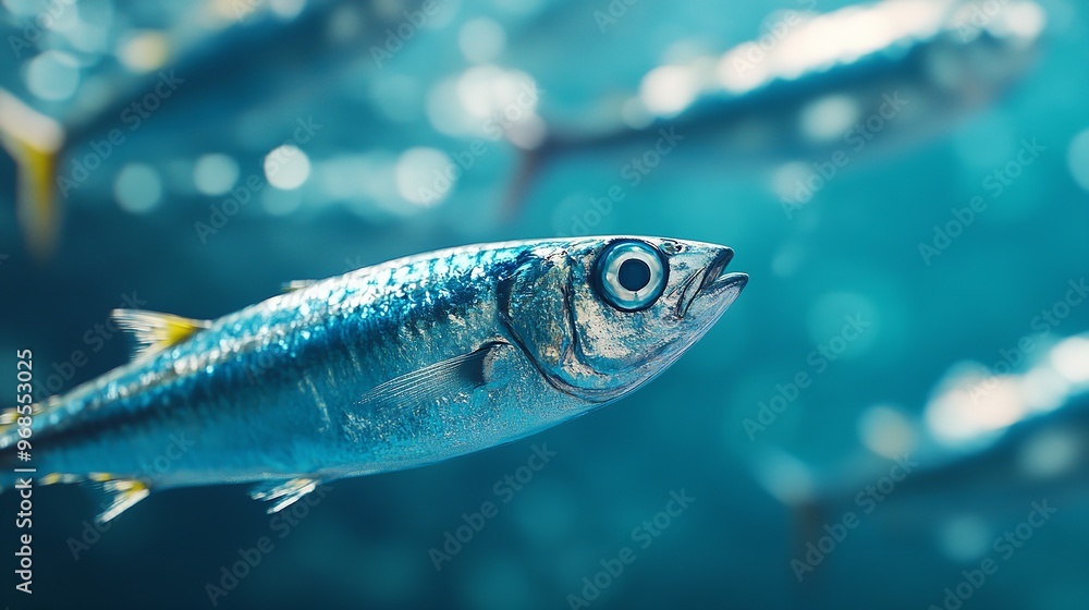Fototapeta premium Closeup of fresh sardines, arranged in piles on the ground. The background is a fish market with various types and sizes of blue-hued sprat against a dark navy ... See More