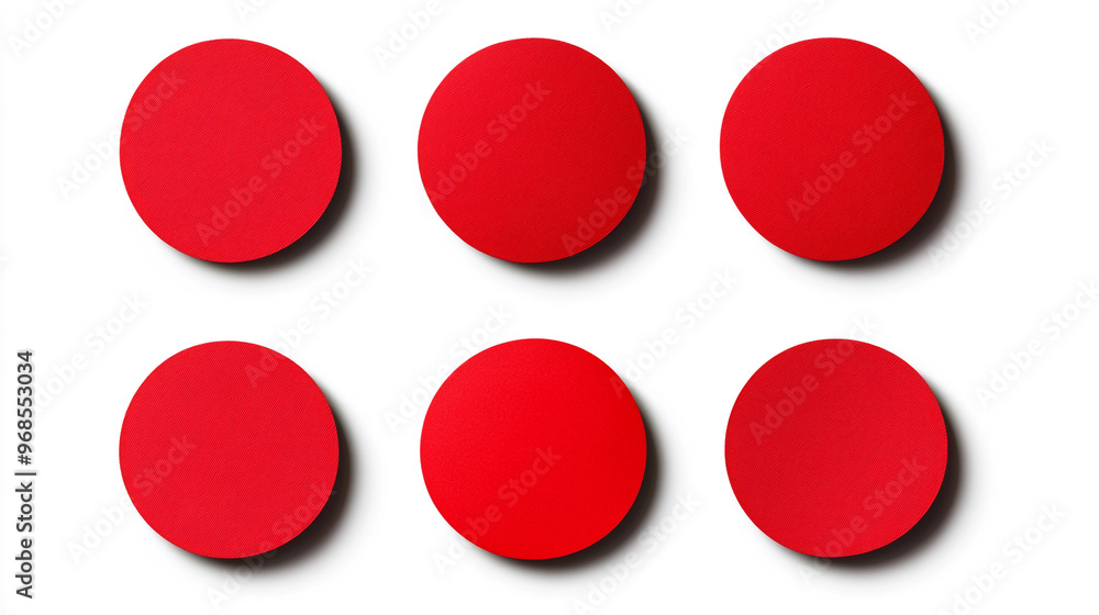 Six evenly spaced red circles arranged in a grid against a clean white background, creating a striking visual contrast Six evenly spaced red circles arranged in a grid against a clean white background, creating a striking visual contrast