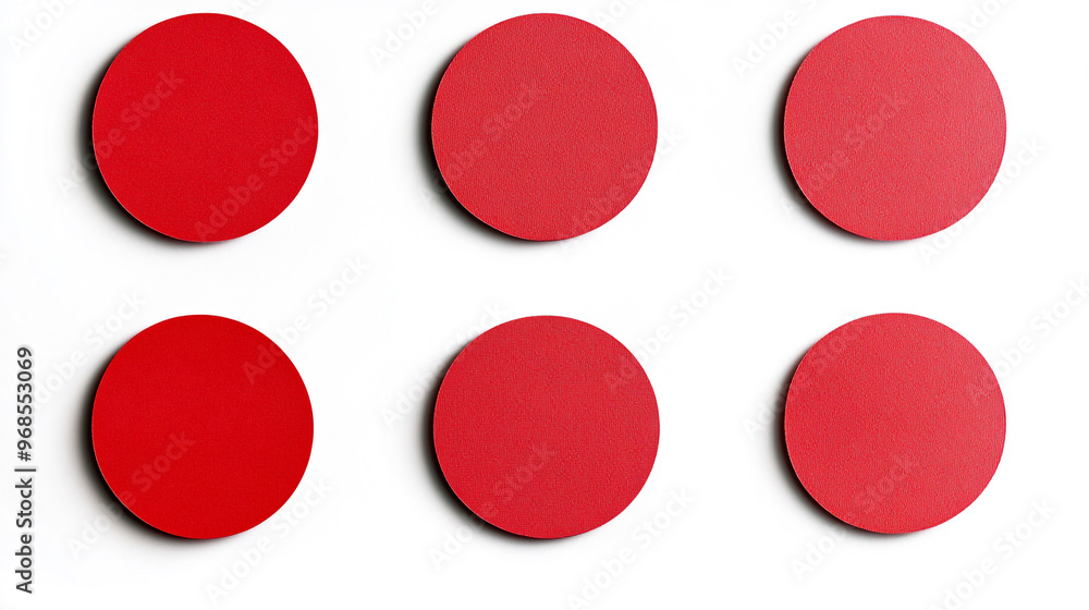 Six red circles arranged in a grid on a white surface showcasing different shades and textures during daylight Six red circles arranged in a grid on a white surface showcasing different shades and textures during daylight
