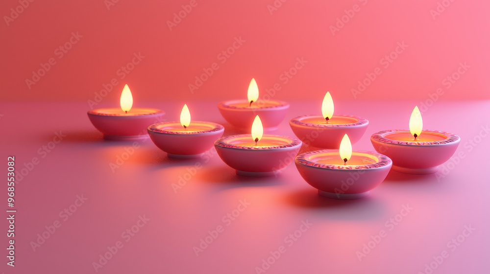 Illuminated pink oil lamps with flames on a smooth surface against a softly lit gradient background Illuminated pink oil lamps with flames on a smooth surface against a softly lit gradient background