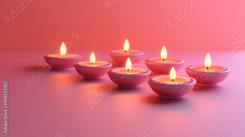 Illuminated pink oil lamps with flames on a smooth surface against a softly lit gradient background