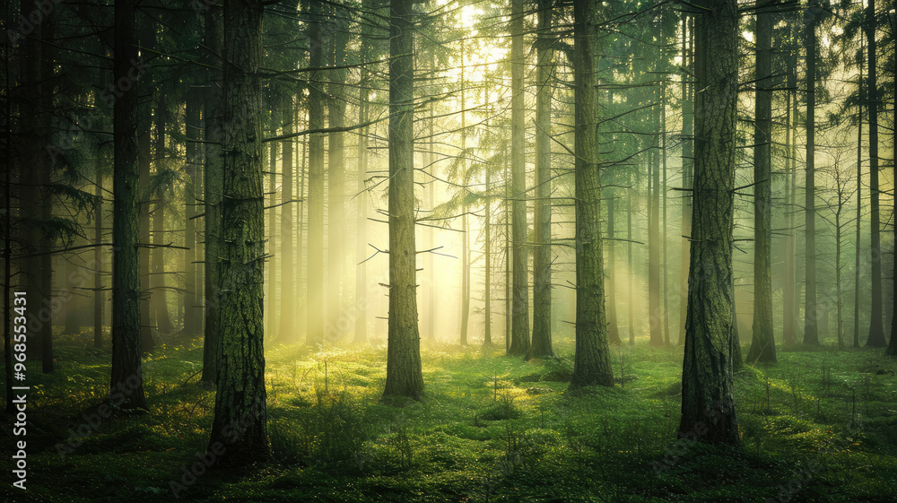 Fototapeta premium Forest background with tall pine trees and sunlight filtering through