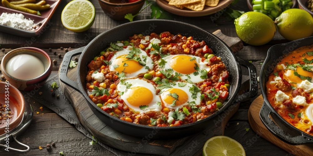 Scrambled eggs in a spicy broth with sausage and cactus in a traditional breakfast dish. Scrambled eggs in a spicy broth with sausage and cactus in a traditional breakfast dish.