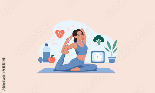 A woman practicing yoga with fitness equipment and healthy food.