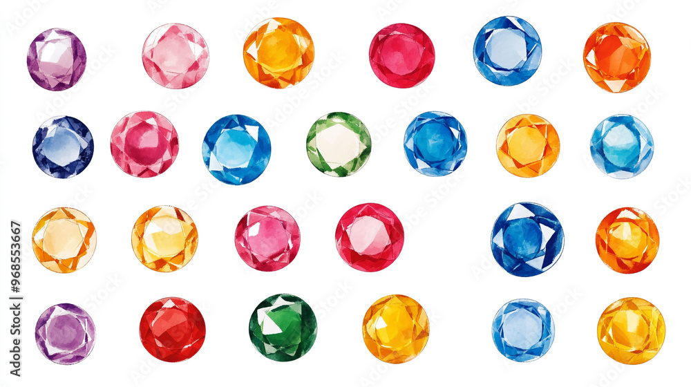 Colorful collection of faceted gemstones arranged in a grid pattern, showcasing various shapes and hues of jewels Colorful collection of faceted gemstones arranged in a grid pattern, showcasing various shapes and hues of jewels