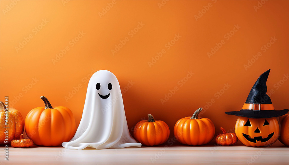 Funny Halloween ghost and Halloween pumpkins with space for text over orange background. Halloween concept background Funny Halloween ghost and Halloween pumpkins with space for text over orange background. Halloween concept background