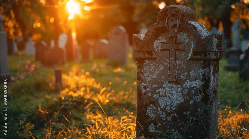 Fototapeta premium gravestones of a cemetery in a sunset