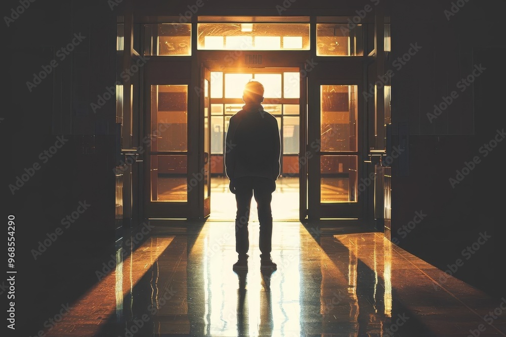 Fototapeta premium A silhouette of a person standing at the entrance, illuminated by warm sunlight, creating a dramatic and reflective atmosphere.