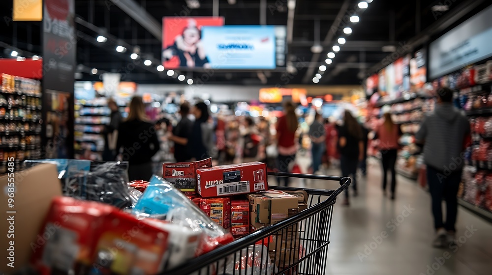 A shopping cart piled high with Black Friday purchases, a consumer racing to the checkout counter, other shoppers rushing through the aisles, large sale signs and banners hanging from the ceiling, A shopping cart piled high with Black Friday purchases, a consumer racing to the checkout counter, other shoppers rushing through the aisles, large sale signs and banners hanging from the ceiling,