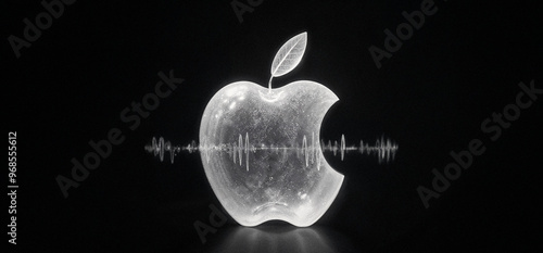 A glowing apple illuminated against a dark background with sound waves radiating from its core.