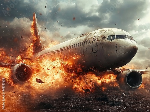 

Cinematic still of an aircraft, burning and smoking on the ground, with a dramatic sky in the background, scattered debris around the plane